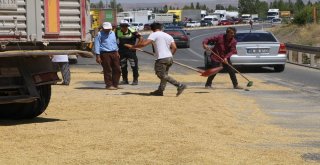 Tır Devrildi, Tonlarca Arpa Karayoluna Saçıldı