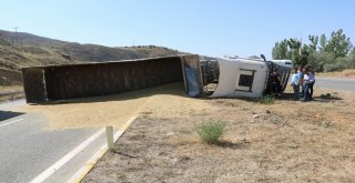 Tır Devrildi, Tonlarca Arpa Karayoluna Saçıldı