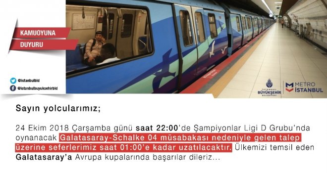 Galatasaray-Schalke 04 Şampiyonlar Ligi Maçı Sebebiyle İbb Metro Seferlerini Uzattı