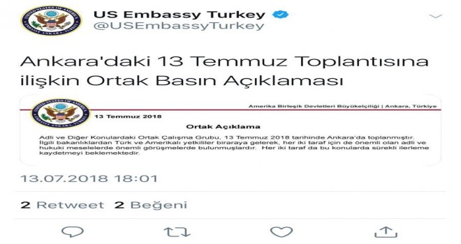 Abd Büyükelçiliği: Türk Ve Amerikalı Yetkililer Adli Ve Hukuki Meselelerde Önemli Görüşmelerde Bulunmuşlardır